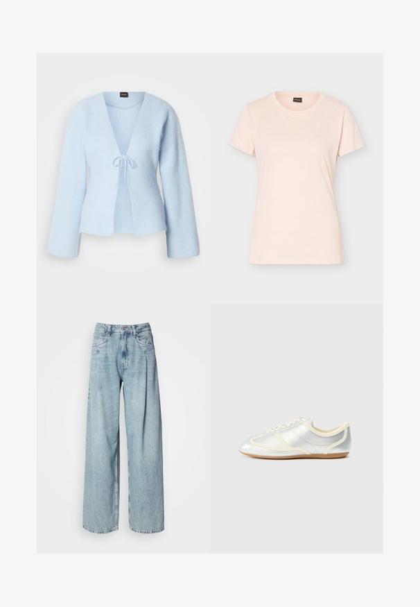 Cardigan en laine bleu clair avec un décolleté en V profond, des manches évasées longues et une fermeture à nouer à la taille. Texture douce avec une coupe décontractée.; T-shirt rose clair à manches courtes avec col rond, petit logo BOSS embossé sur la poitrine gauche et étiquette noire à l'intérieur du col.; Jeans larges taille haute bleu clair avec poches avant, fermeture à boutons et passants de ceinture, sur un fond blanc uni.; Baskets synthétiques argentées avec accents crème, profil bas, bout arrondi et semelle en caoutchouc plate ; dotées de coutures classiques et d'une fermeture à lacets.
