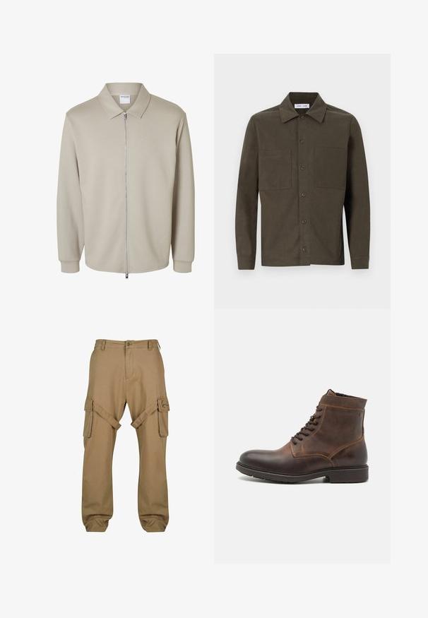 Lysebeige jakke med lange ærmer, forreste lynlås og spids krave, der viser en "Selected Homme" label inde i kraven.; Mørkegrøn, langærmet skjorte lavet af glat stof, med spidse kraver, frontknapper og to brystlommer.; Cargo bukser lavet af beige bomuldsstof, med to sidelommer og knaplukning i taljen. Designet inkluderer ekstra syninger.; Jack & Jones JFWDELANEY BOOT - Snørestøvletter - cognac