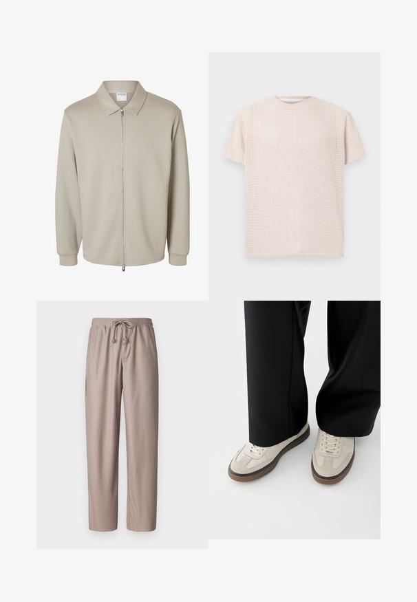 Chaqueta de manga larga beige clara con cremallera frontal y cuello puntiagudo, mostrando una etiqueta "Selected Homme" dentro del cuello.; Camiseta de manga corta color beige claro con un patrón texturizado y un corte holgado. Cuello redondo y tela suave, ideal para un uso casual.; Pantalones de tiro largo de color marrón claro con textura acanalada, cinturilla elástica y bolsillos laterales. Corte holgado con pierna recta.; Pies con zapatillas beige con suelas marrones y pantalones negros de pierna ancha sobre un fondo blanco.