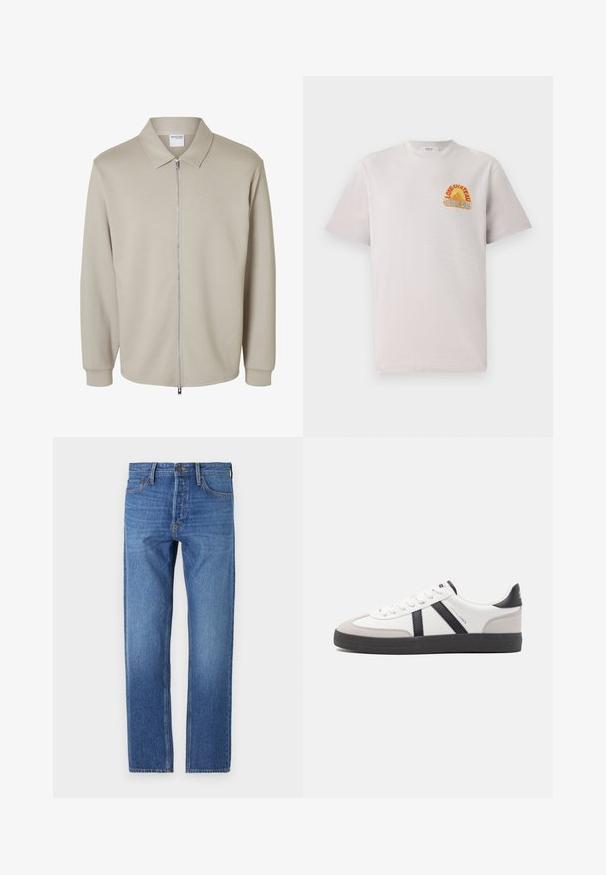 Lysebeige jakke med lange ærmer, forreste lynlås og spids krave, der viser en "Selected Homme" label inde i kraven.; Lysegrå bomulds T-shirt med rund hals, der har et farverigt "Lone Château Replay" grafik i orange og blå på brystet.; Blå denim jeans med lige ben, klassisk fem-lomme design, kobbersting og en falmet vask for et slidte look.; Hvide sneakers med sorte og grå detaljer, med en tekstureret grå tåhætte, sort gummisål og flade hvide snørebånd. Rent design, minimalistisk stil.
