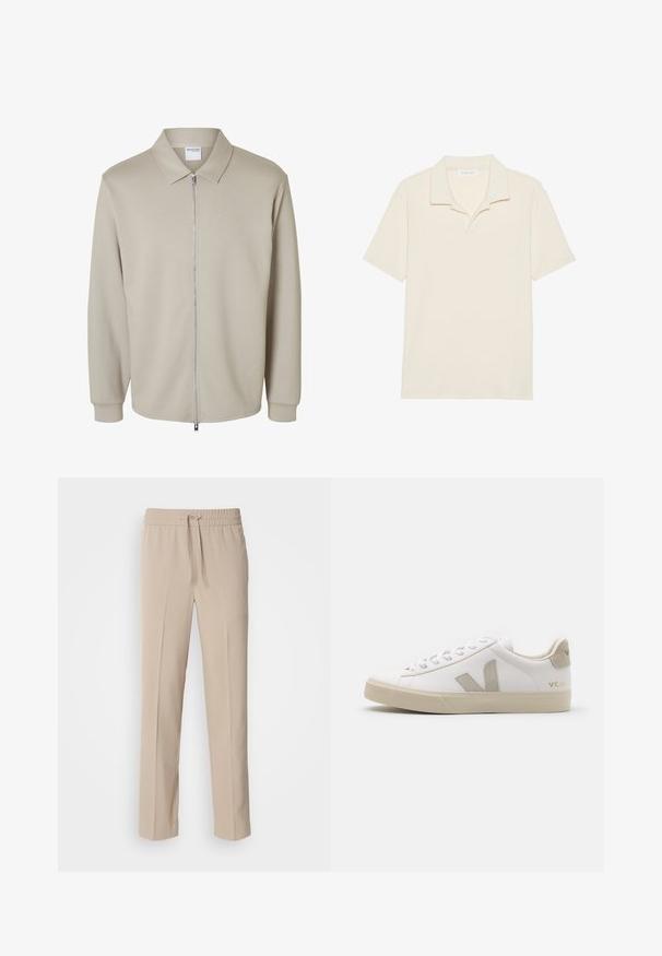 Lysebeige jakke med lange ærmer, forreste lynlås og spids krave, der viser en "Selected Homme" label inde i kraven.; Cremefarvet kortærmet polo-skjorte med en tekstureret ribbet design, der har en klassisk krave og subtile sydetaljer.; Beige, afslappede bukser lavet af blødt materiale, med elastisk talje og snøre samt lige ben med minimale detaljer.; Hvide lædersneakers med beige detaljer, flad gummisål, rund tå og kontrasterende logo på siden og bagsiden. Snørebåndsdesign.