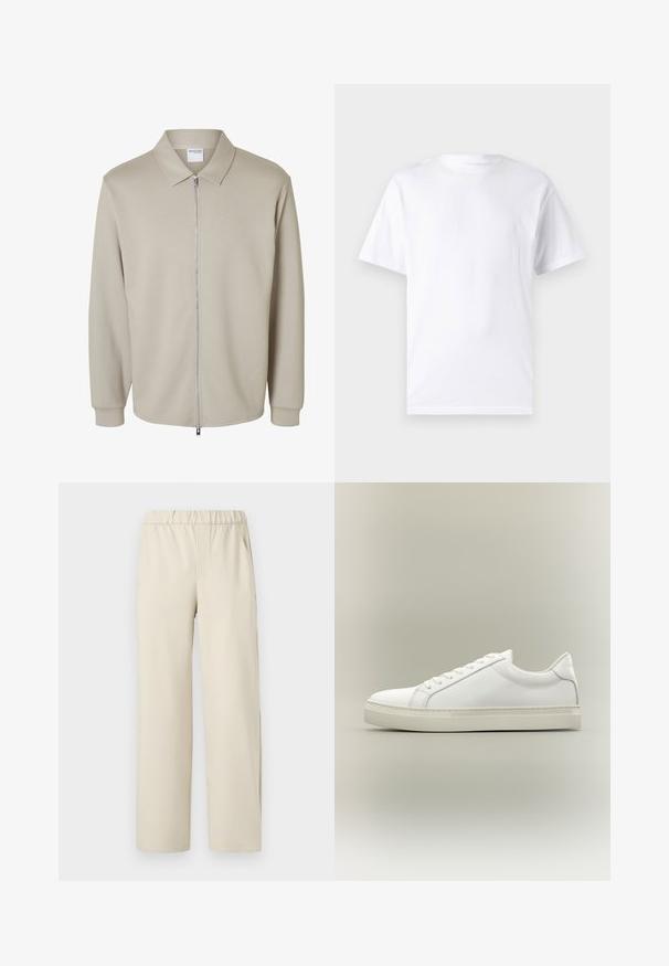 Chaqueta de manga larga beige clara con cremallera frontal y cuello puntiagudo, mostrando una etiqueta "Selected Homme" dentro del cuello.; Camiseta blanca de manga corta hecha de algodón con cuello redondo, que presenta una textura suave y un diseño simple sin patrones ni acentos.; Pantalones de pierna ancha en color beige con una cinturilla elástica, confeccionados en tela suave. Presentan una textura lisa y sin patrones o herrajes visibles.; Zapatilla blanca de perfil bajo con cordones en la parte delantera y suela gruesa, mostrada de lado sobre un fondo neutro.