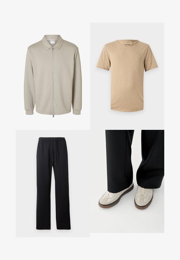 Chaqueta de manga larga beige clara con cremallera frontal y cuello puntiagudo, mostrando una etiqueta "Selected Homme" dentro del cuello.; Camiseta de manga corta beige hecha de tela suave. Presenta un escote redondo y una superficie ligeramente texturizada con un dobladillo curvado.; Abercrombie & Fitch ESSENTIAL BAGGY OPEN HEM CASUAL - Pantalones deportivos - black; Pies con zapatillas beige con suelas marrones y pantalones negros de pierna ancha sobre un fondo blanco.