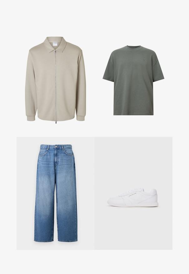 Lysebeige jakke med lange ærmer, forreste lynlås og spids krave, der viser en "Selected Homme" label inde i kraven.; Oliven grøn oversized bomuld t-shirt med rund hals, korte ærmer og et lille logo detalje på brystet. Glat tekstur, afslappet pasform.; Bredde denim jeans i lyseblå med en let falmet finish. Har klassisk fem-lomme design og metalknaplukning.; Hvide sneakers med en glat syntetisk overdel, rund tå, perforerede sidelogoer og flade snørebånd. Minimalistisk design med diskret branding.