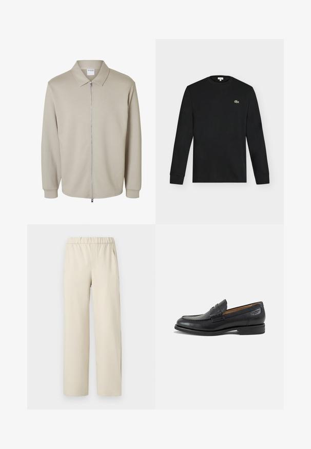 Lichtbeige jas met lange mouwen, een rits aan de voorkant en een puntige kraag, met een "Selected Homme" label aan de binnenkant van de kraag.; Zwart shirt met lange mouwen en ronde hals met klein groen krokodillogo op de linkerborst, afgebeeld tegen een effen lichte achtergrond.; Beige wijde broek met een elastische tailleband, gemaakt van zachte stof. Kenmerkt zich door een gladde textuur en geen zichtbare patronen of hardware.; Zwarte leren herenloafer met gestikte details, lage gestapelde hak en een smalle band over de bovenzijde, zijaanzicht op een witte achtergrond.