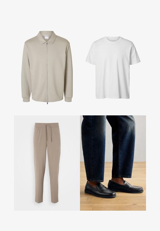 Chaqueta de manga larga beige clara con cremallera frontal y cuello puntiagudo, mostrando una etiqueta "Selected Homme" dentro del cuello.; Camiseta blanca lisa de manga corta con cuello redondo, corte holgado y sin logos o diseños visibles en el frente.; Pantalones beige claros con cinturilla elástica, cordón ajustable y perneras estrechas. La tela parece suave con un ligero brillo.; Mocasines de cuero negro con detalles de costura y acentos texturizados, combinados con denim oscuro, mostrando un diseño casual y estilizado.