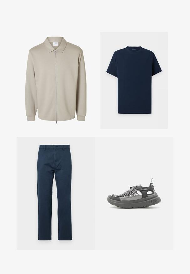Lysebeige jakke med lange ærmer, forreste lynlås og spids krave, der viser en "Selected Homme" label inde i kraven.; Enkelt mørkeblåt T-shirt med korte ærmer og rund hals på hvid baggrund, der viser forfra uden synlige logoer eller designs.; Mørkeblå bomuldsbukser med lige snit, udstyret med frontknaplukning, bæltestropper og sidelommer. Glat tekstur, uden mønstre.; Sporty grå sandal med flettet overdel, tyk polstret sål, hæl-loop og justerbar snørelukning til udendørs og afslappet brug.