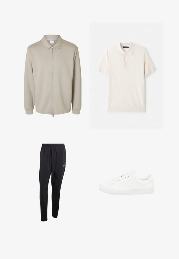 Hellbeige Langarmjacke mit Frontreißverschluss und spitzem Kragen, mit einem "Selected Homme" Etikett innen am Kragen.; Hellbeige Polohemd mit klassischem Kragen, mit drei Knöpfen und kurzen Ärmeln. Aus weichem, glattem Stoff gefertigt. Einfaches Design ohne Muster.; Schwarze Sporthose aus leichtem Material mit elastischem Bund und einem kleinen eingeprägten Logo im oberen linken Beinbereich.; Weißer Low-Top-Sneaker mit Schnürverschluss, glattem Lederobermaterial und Gummisohle, von der Seite vor weißem Hintergrund dargestellt.