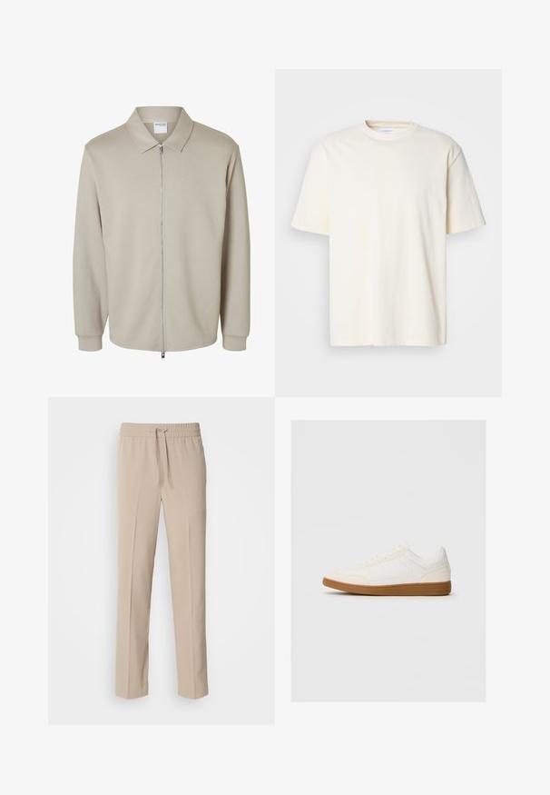 Helebeež pikkade varrukatega jakk esiluku ja terava kraega, kaeluses nähtav "Selected Homme" silt.; Üksikasjalik heleb beige lühikeste varrukatega T-särk, unisex disain, esitleb neutraalses hallis taustas.; Beežid, lõdvad püksid, mis on valmistatud pehmest kangast, elastse vöökoha ja nööpidega ning sirgete jalgadega, minimalistlike aktsentidega.; Valge tenniseking nubukist varbaga, sileda sünteetilise pealmise osaga ja pruunist kummist tallaga. Küljel on ventilatsiooniaugud, et tagada õhuringlus.