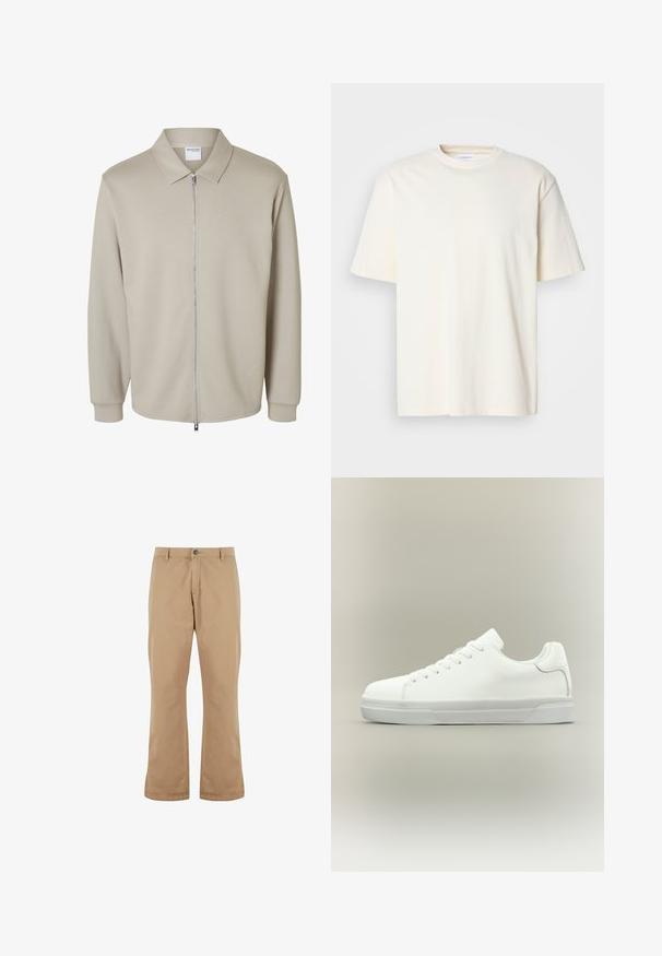Lysebeige jakke med lange ærmer, forreste lynlås og spids krave, der viser en "Selected Homme" label inde i kraven.; Lys off-white kortærmet T-shirt med rund hals, unisex design, præsenteret på en neutral grå baggrund.; Beige bomuldsbukser med lige pasform, der har knaplukning, forlommer og en glat tekstur.; Hvid lavtop sneaker med snørelukning foran, polstret krave og tekstureret gummisål, vist i sidelayout på neutral baggrund.