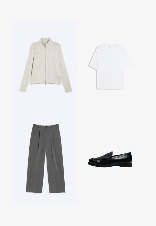 Cardigan en maille côtelée beige clair, manches longues et fermeture éclair intégrale devant, posé à plat sur fond blanc.; T-shirt oversize en coton blanc avec un col rond et des manches courtes ; texture lisse, sans motifs ni accents visibles.; Pantalon gris à jambes larges avec fines rayures verticales, plis sur le devant, poches latérales, passants pour ceinture et fermeture par bouton à la taille.; Mocassin penny loafer pour homme en cuir noir avec bout moc cousu et petit talon, présenté de profil sur fond blanc.