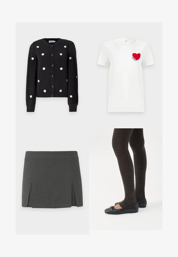 Zwarte knoop-up cardigan met lange mouwen, voorzien van gelijkmatig verspreide grote beige stippen en geribde manchetten en onderrand.; Witte T-shirt met korte mouwen met een rode hart en het woord "AMOUR" gedrukt op de linkerkant van de borst.; Grijze mini-jurk met een gladde textuur, voorzien van een platte tailleband en twee verticale uitsparingen aan de voorkant voor extra detail. Casual ontwerp.; Benen met donkere geribbelde leggings gecombineerd met zwarte ballerina's met kleine strikdetails op een witte achtergrond.