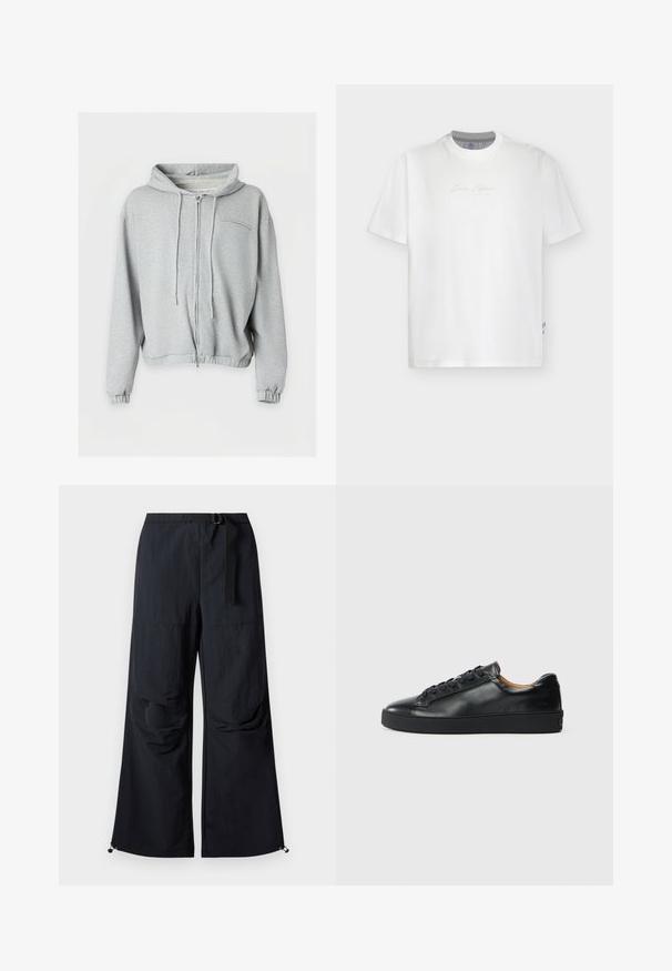 Sweat à capuche zippé gris clair avec cordons, poignets élastiques, petite poche poitrine et taille froncée, présenté sur fond blanc.; T-shirt blanc à manches courtes avec col rond, texte cursif gris pâle centré sur la poitrine et petite étiquette sur la couture latérale.; Pantalon noir à jambes larges en tissu léger. Dispose d'une ceinture, de deux grandes poches latérales et d'ourlets ajustables avec fermetures à cordon.; Baskets en cuir noir avec une texture lisse, bout rond et fermeture à lacets. Comprend une semelle en caoutchouc épaisse et un minimum de détails de marque.