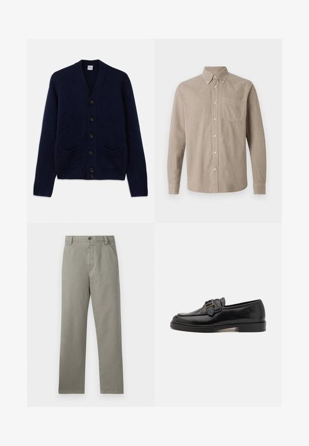 Tummansininen neulepaita, jossa on V-kaula-aukko, kuusi ruskeaa nappia, kaksi etutaskua sekä ribbireunat hihoissa ja alahelmassa. Rikkaita kankaita.; CLOSED BUTTON DOWN SHIRT - Vapaa-ajan kauluspaita - silt grey; Harmaat puuvillapantsit, joissa on suora lahkeiden muotoilu, vyölenkit ja yksittäinen nappikiinnitys vyötäröllä.; Mustat nahka loaferit, joissa on pyöristetty kärki ja koristeellinen solki. Tasainen, yhtenäinen korko ja sileä pinta kauttaaltaan.