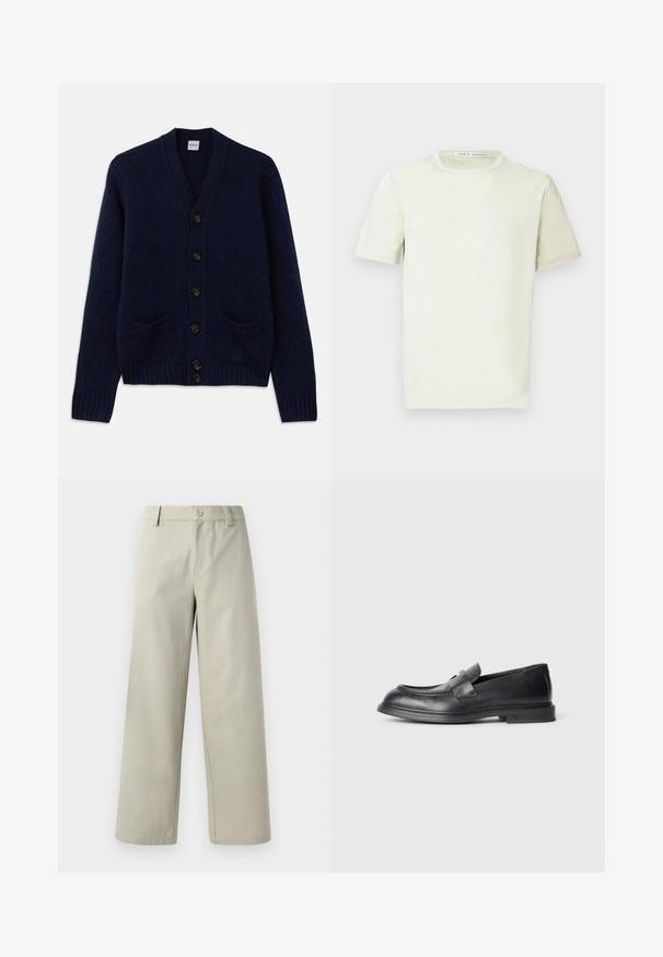 Marineblå strikket cardigan med V-udskæring, seks brune knaplukninger, to forlommer og ribbede manchetter og nederste kant. Struktureret stof.; Lys pastelgrøn t-shirt med korte ærmer, rund halsudskæring og en blød tekstur. Har et mærke ved halsen med teksten "Tiger of Sweden."; Han Kjøbenhavn WIDE LEG - Bukser - light grey; Sorte læder loafers med en struktureret finish, der har en dekorativ frontrem og en rundet tå. Gummisål for holdbarhed.