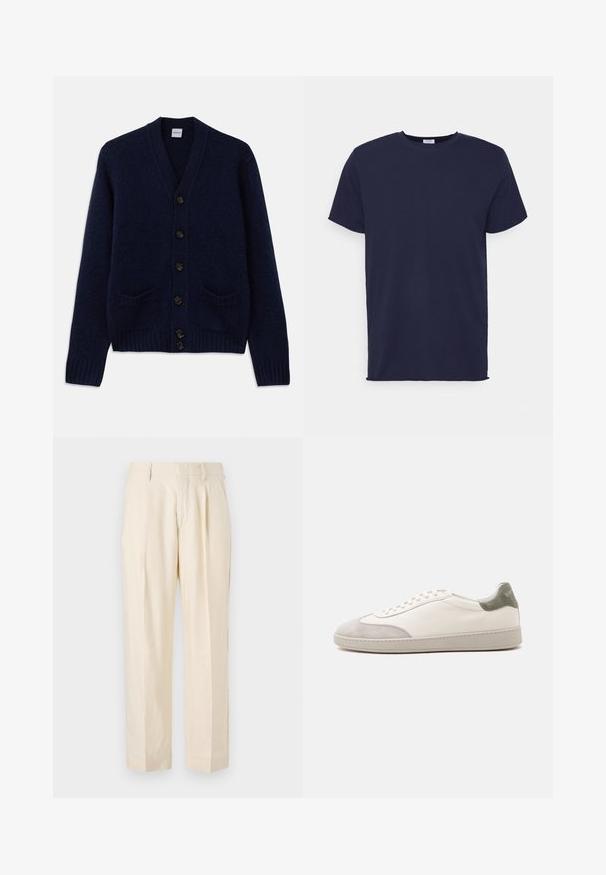 Marineblå strikket cardigan med V-udskæring, seks brune knaplukninger, to forlommer og ribbede manchetter og nederste kant. Struktureret stof.; Marineblå kortærmet t-shirt lavet af blødt stof. Har rund halsudskæring og en lige pasform uden mønstre eller accenter.; NN.07 KAY - Bukser - off white; Hvid lav sneaker med lysegrå ruskind på tå og hæl, hvide snørebånd og en flad beige sål, vist fra ydersiden.