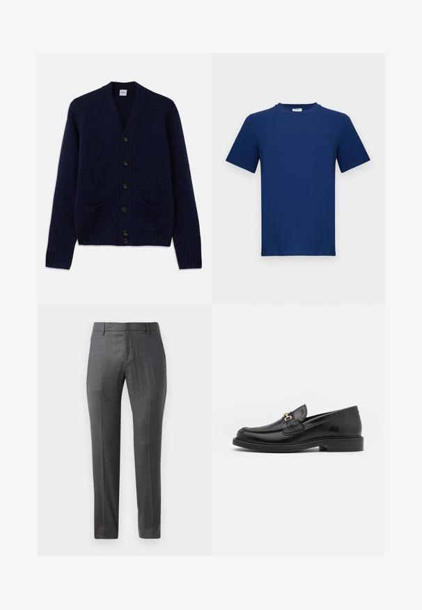 Marineblå strikket cardigan med V-udskæring, seks brune knaplukninger, to forlommer og ribbede manchetter og nederste kant. Struktureret stof.; Mørkeblå t-shirt med korte ærmer lavet af bomuld. Har en rund halsudskæring og lige snit, med en glat overflade og ingen synlige mønstre.; Grå uldbukser med glat front, slim fit, subtil tekstur og et klassisk design. Har sidelommer og lynlås.; Sorte læder loafers med en rund tå, der har guld hardware accent og syningsdetaljer, placeret på en lav, tekstureret gummisål.