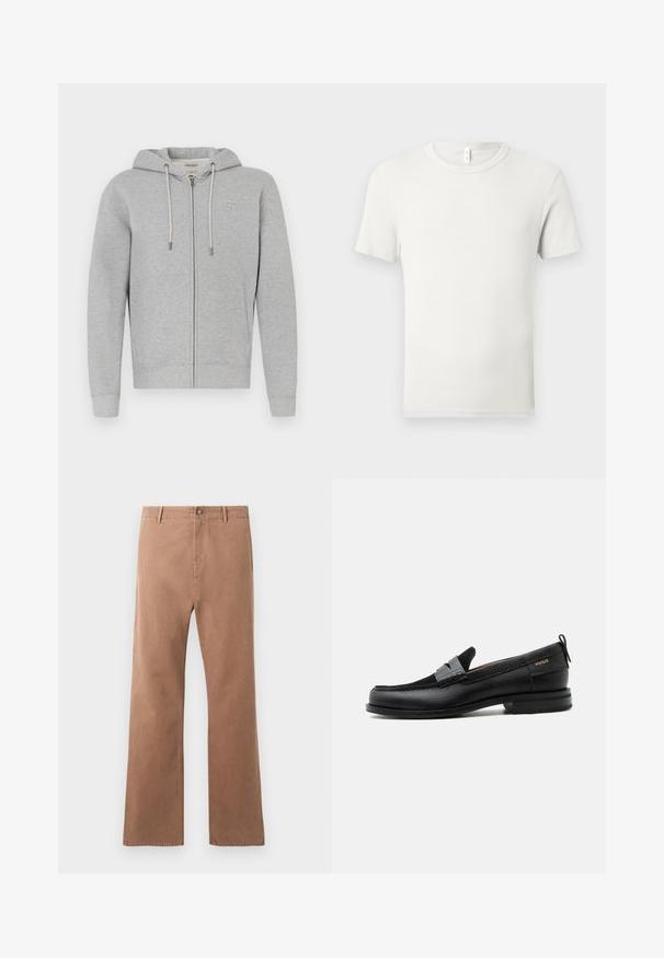 Haut à zip gris fabriqué en tissu doux. Il possède une capuche avec cordon, des poches avant et un petit patch avec logo en haut à gauche.; T-shirt blanc uni à manches courtes et col rond, étalé à plat sur un fond gris clair, avec une petite étiquette en tissu au niveau du col.; Pantalons droits marron en coton. Dotés d'une fermeture à bouton, de poches à l'avant et de coutures visibles le long des coutures.; Mocassin en cuir noir avec détail de bride grise, talon bas et semelle texturée, marqué "HUGO" en or sur le côté.