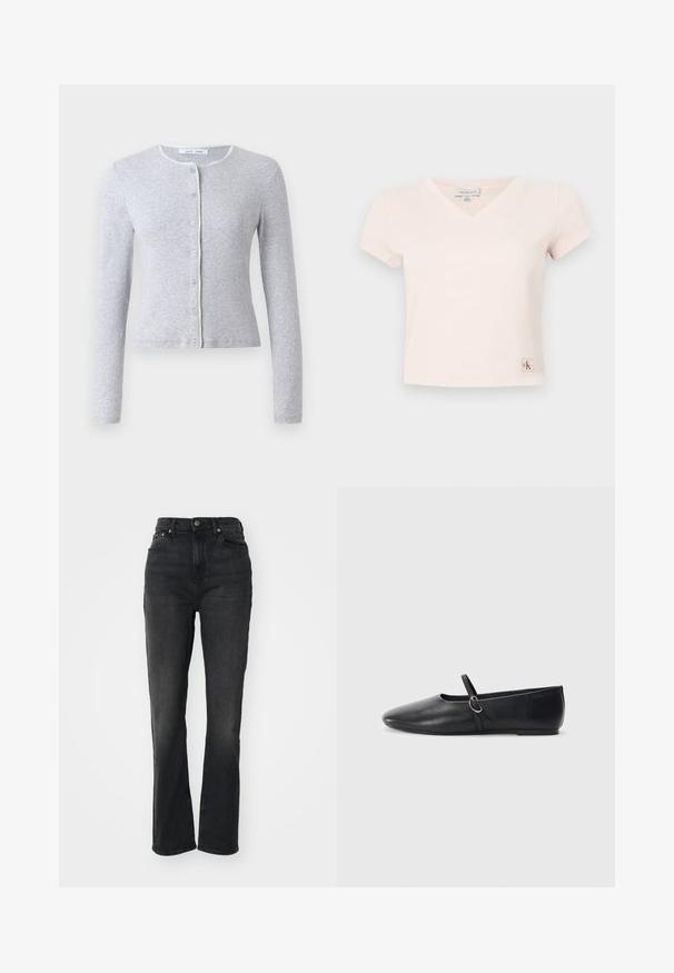 Cardigan gris à manches longues avec un col rond, fermeture à boutons à l'avant et une bordure décorative contrastante le long de l'encolure. Texture douce, design ajusté.; T-shirt rose à manches courtes et décolleté en V, avec une étiquette logo CK en bas à gauche, fabriqué en coton doux.; Jeans en denim noir taille haute avec jambes droites, design à cinq poches, fermeture à bouton à l'avant et détails de couture minimaux.; Ballerines noires en cuir avec un bout pointu, une semelle plate et une petite sangle avec un détail de boucle en argent.