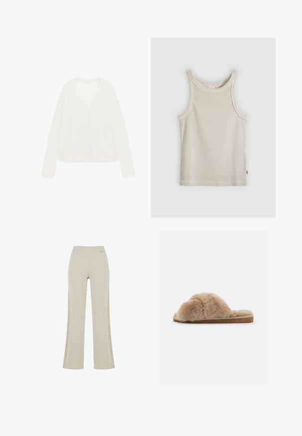 Cardigan blanc à manches longues avec col en V et cinq boutons à l'avant, posé à plat sur un fond blanc.; Débardeur beige côtelé sans manches avec encolure ronde et coupe ajustée, présenté sur un fond gris.; Pantalons larges beige avec une texture en ribbed lisse, taille élastique et sans ornements visibles, offrant une silhouette décontractée.; Chausson en peluche beige avec une texture douce, à dos ouvert et doublure intérieure. Semelle plate avec une base marron clair et des coutures beiges.