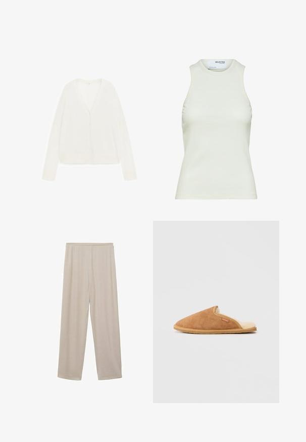 Cardigan blanc à manches longues avec col en V et cinq boutons à l'avant, posé à plat sur un fond blanc.; Débardeur blanc sans manches côtelé avec encolure ronde de Selected Femme, vue de face sans motifs ni décorations.; Pantalons en coton beige légers, avec une coupe droite, une taille élastique et une texture douce. Pas de motifs ni de matériel visible.; Pantoufle en daim marron avec une doublure en polaire crème douce et une semelle en caoutchouc beige. Elle présente un bout rond et un design avec des découpes sur le côté.