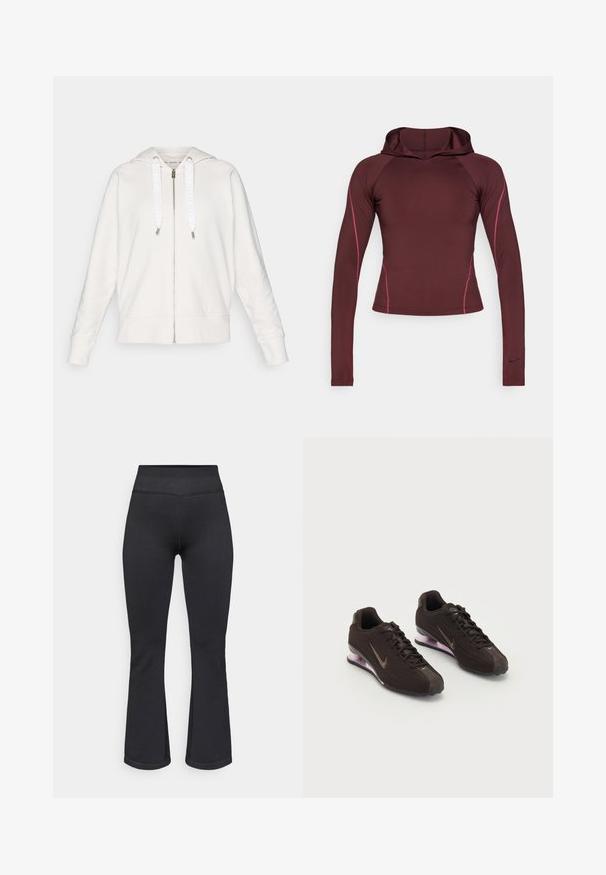 Lichtgrijze zip-up hoodie van zachte stof, met een capuchon, witte trekkoorden met logo en ribgebreide manchetten en zoom.; Bordeaux rode langmouwen hoodie gemaakt van rekbaar materiaal, met roze zijnaad en een klein zwart Nike-logo op de manchet.; Zwarte flarebroek gemaakt van gestructureerde stof met een hoge tailleband. Het ontwerp kenmerkt zich door een nauwsluitende pasvorm bij de heupen en een uitlopende zoom.; Zwarte sportieve schoenen met een gestructureerde bovenkant, bruine accenten en een paarse air-cushion zool. Vetersluiting met opvallende merkvoering.
