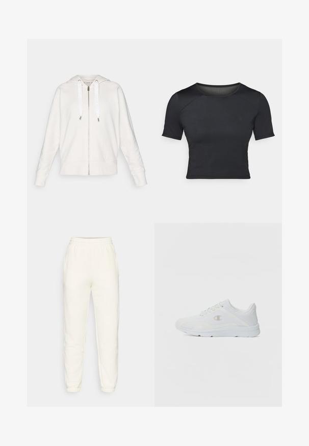 Lichtgrijze zip-up hoodie van zachte stof, met een capuchon, witte trekkoorden met logo en ribgebreide manchetten en zoom.; Zwarte korte mouwen crop top gemaakt van glad, rekbaar materiaal met een ronde halslijn en subtiele naaddetails op de schouders.; Crème joggers gemaakt van zachte stof, met een elastische tailleband, zijzakken en elastische boorden bij de enkels voor een tapered fit.; Witte sportieve schoenen met een gestructureerde mesh bovenkant, gevoerde kraag en een contrasterend logo aan de zijkant. Beschikt over een lichtgewicht rubberen zool.