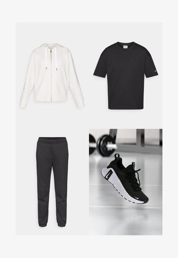 Lichtgrijze zip-up hoodie van zachte stof, met een capuchon, witte trekkoorden met logo en ribgebreide manchetten en zoom.; Zwarte katoenen t-shirt met een ronde hals, korte mouwen en een klein geborduurd logo op de borst en mouw. Gladde textuur, casual pasvorm.; Donkergrijze joggingbroek met een tailleband met trekkoord, taps toelopende pijpen en elastische boorden. Gemaakt van een zachte, gestructureerde stof.; Zwarte sportschoen met een textuurstof bovenwerk, witte zool en een opvallend vetersysteem. Voorzien van een Nike-logo en een zacht, gedempt ontwerp.