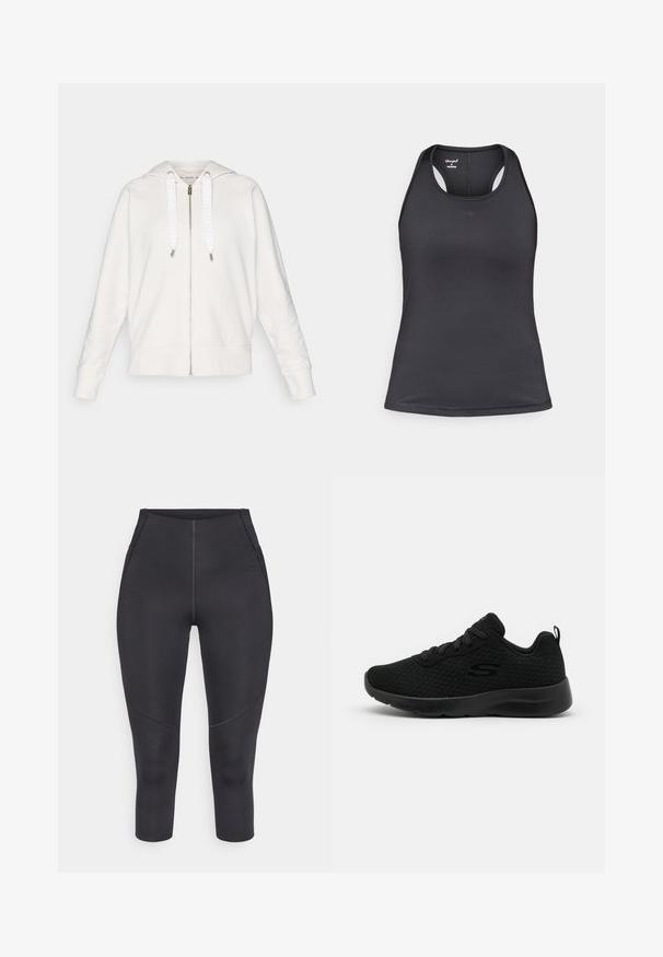 Hele halli tõmblukkudega kapuutsiga jakki, mis on valmistatud pehmest materjalist, valgete logo-kohandusega paeltega ja ribakujuliste varruka- ja alläärtega.; Must sportlik top, millel on racerback-disain, valmistatud siledast ja venivast kangast, millel on minimaalsed õmblused ning esiküljel logo.; Mustad 3/4 pikkusega retuusid venivast materjalist, millel on lamedad õmblused, istuv lõige ja väike logo küljel.; Mustmust pikad spordijalatsid, millel on võrkmaterjalist ülemine osa, pehmendatud krae, lipsuga disain ja tekstuuriga kummist tallad. Lihtne ja voolava joonega siluett.