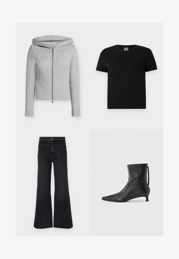 Sweat à capuche gris clair zippé intégralement avec manches longues et capuche ajustée, présenté sur un fond uni.; T-shirt en coton noir avec un col ras du cou et des manches courtes. Design simple, sans motifs ni accents, avec une coupe droite à la taille.; Jean noir évasé taille haute avec passants de ceinture, bouton avant, fermeture éclair et deux grandes poches plaquées à l'avant sur fond blanc.; Bottine en cuir noir à bout pointu, forme structurée et petit talon. Dispose d'une fermeture éclair latérale et d'un design minimaliste.