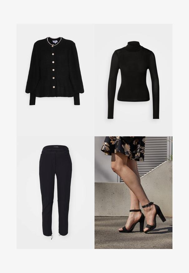 ONLY ONLRIO LIFE CARDIGAN - Neuletakki - black glitter; Musta poolikaula toppi, joka on valmistettu kevyestä ja joustavasta materiaalista. Siinä on pitkät hihat ja istuva siluetti ilman näkyviä saumoja.; Mustat housut, joissa on sileä pinta, istuva malli, joustava vyötärö, kaksi taskua ja säädettävät hihansuut naruilla.; Musta mokkanahkainen korkeakorkoinen sandaali, jossa on nilkkaremmissä solki, avokärkinen muotoilu ja paksu korko. Sileä pinta ja minimalistinen tyyli.