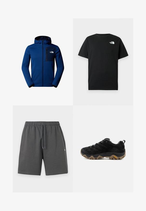 Dunkelblaue Kapuzenjacke mit Reißverschluss vorne, elastischen Bündchen und einer Brusttasche. Aus smoothen Stoff mit kontrastierenden schwarzen Akzenten.; Schwarzes Baumwoll-T-Shirt mit kurzen Ärmeln, Rundhalsausschnitt und weißem Logo auf der linken Brust. Einfaches, schmuckloses Design.; Graue Shorts aus weichem Stoff mit elastischem Bund und verstellbarem Kordelzug. Sie zeichnen sich durch ein schlichtes Design ohne Taschen oder Muster aus.; Schwarzer Wanderschuh mit robuster brauner Vibram-Sohle, Mesh- und Wildleder-Obermaterial, Schnürdesign und hinterer Zuglasche, von der Außenseite gezeigt.