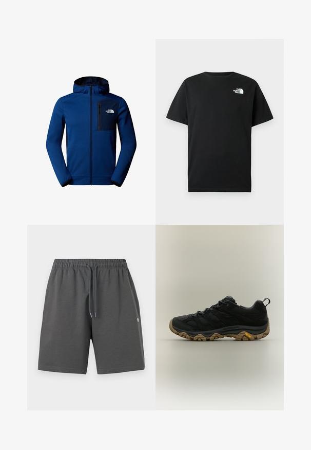 Dunkelblaue Kapuzenjacke mit Reißverschluss vorne, elastischen Bündchen und einer Brusttasche. Aus smoothen Stoff mit kontrastierenden schwarzen Akzenten.; Schwarzes Baumwoll-T-Shirt mit kurzen Ärmeln, Rundhalsausschnitt und weißem Logo auf der linken Brust. Einfaches, schmuckloses Design.; Graue Shorts aus weichem Stoff mit elastischem Bund und verstellbarem Kordelzug. Sie zeichnen sich durch ein schlichtes Design ohne Taschen oder Muster aus.; Schwarzer Wanderschuh mit brauner, strukturierter Vibramsohle und Zuglasche an der Ferse, seitlich auf neutralem Hintergrund gezeigt.