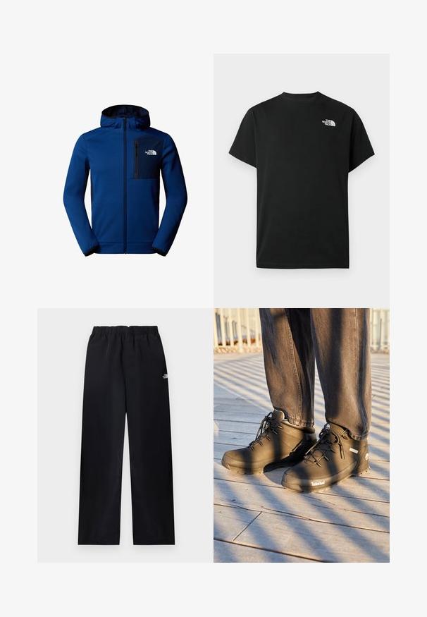 Donkerblauwe hoodie met ritssluiting aan de voorkant, elastische manchetten en een borstzak. Heeft een gladde stof en contrasterende zwarte accenten.; Zwart t-shirt met korte mouwen gemaakt van katoen. Voorzien van een wit logo op de linkerborst. Eenvoudige snit met een ronde halslijn en minimale ontwerpdetails.; Zwarte broek met rechte pijpen en elastische taille, met een klein wit logo op de bovenste rechterdij, plat uitgestald op een lichte achtergrond.; Zwarte Timberland wandelschoenen hebben een hoge gloss ontwerpen, een gestructureerd oppervlak en ronde veters, tegen een achtergrond van een houten vloer.