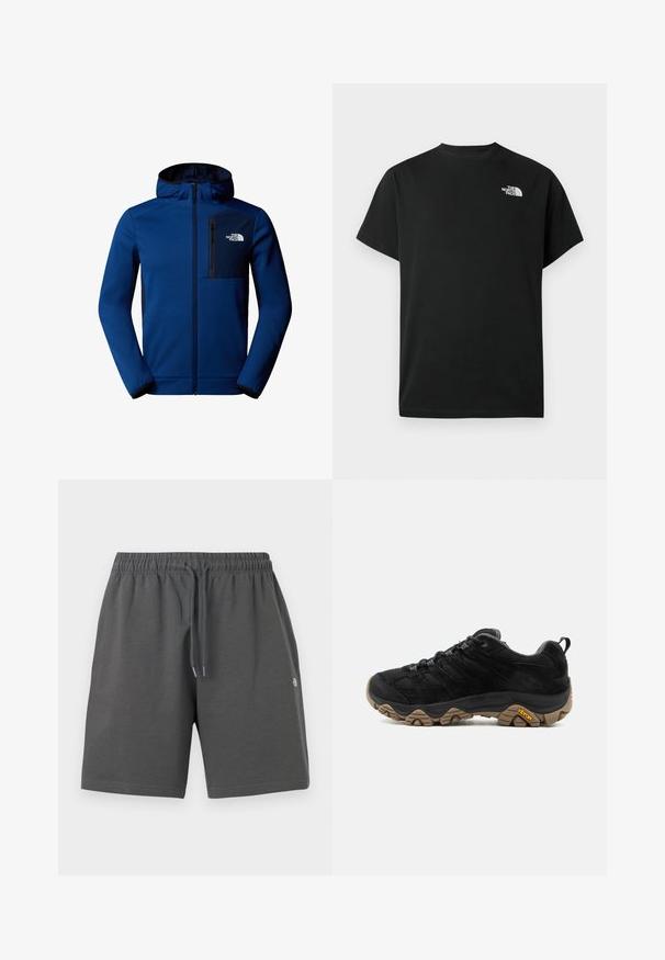 Dunkelblaue Kapuzenjacke mit Reißverschluss vorne, elastischen Bündchen und einer Brusttasche. Aus smoothen Stoff mit kontrastierenden schwarzen Akzenten.; Schwarzes kurzärmliges T-Shirt aus Baumwolle. Mit einem weißen Logo auf der linken Brust. Einfacher Schnitt mit rundem Ausschnitt und minimalen Designdetails.; Graue Shorts aus weichem Stoff mit elastischem Bund und verstellbarem Kordelzug. Sie zeichnen sich durch ein schlichtes Design ohne Taschen oder Muster aus.; Schwarzer Wanderschuh mit robuster brauner Vibram-Sohle, Mesh- und Wildleder-Obermaterial, Schnürdesign und hinterer Zuglasche, von der Außenseite gezeigt.