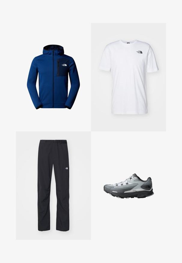 Chaqueta con capucha de color azul oscuro, con cierre de cremallera en la parte delantera, puños elásticos y un bolsillo en el pecho. Presenta una tela suave y acentos en negro que contrastan.; Camiseta de algodón blanca con un logo negro de The North Face en el lado superior izquierdo del pecho. Diseño de manga corta y cuello redondo.; The North Face ABUKUMA PANT - Pantalones - black; Zapatilla de trail running con una combinación de colores en gris y negro, material superior de malla, suela resistente y acentos texturizados para mayor agarre.