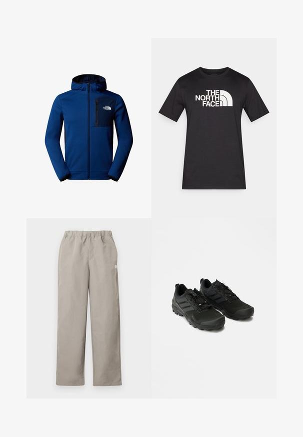 Donkerblauwe hoodie met ritssluiting aan de voorkant, elastische manchetten en een borstzak. Heeft een gladde stof en contrasterende zwarte accenten.; Zwart T-shirt met korte mouwen gemaakt van katoen, met een opvallend wit logo van "THE NORTH FACE" over de borst.; Beige rechte broek met elastische tailleband en een klein wit logo op het rechter zijnnaad.; Zwarte sportschoenen met een gestructureerde bovenkant, een duurzame rubberen zool en subtiele reflecterende accenten; beschikt over een vetersysteem voor een stevige pasvorm.