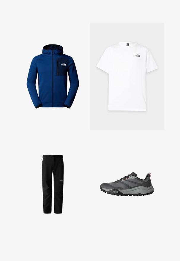 Dunkelblaue Kapuzenjacke mit Reißverschluss vorne, elastischen Bündchen und einer Brusttasche. Aus smoothen Stoff mit kontrastierenden schwarzen Akzenten.; Weißes kurzärmeliges T-Shirt mit rundem Ausschnitt und kleinem schwarzen The North Face-Logo auf der oberen linken Brust.; Schwarze Outdoor-Hosen mit schlankem Design, gefertigt aus einem strapazierfähigen, leichten Stoff. Mit Gürtel, Seitentaschen und einem Logo am Oberschenkel.; Grauer und schwarzer Trailrunning-Schuh mit robustem Sohlenprofil, Schnürverschluss, rotem Zuglasche und The North Face Logo an der Seitenfläche der Sohle.