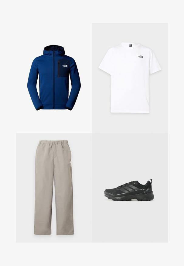 Dunkelblaue Kapuzenjacke mit Reißverschluss vorne, elastischen Bündchen und einer Brusttasche. Aus smoothen Stoff mit kontrastierenden schwarzen Akzenten.; Weißes kurzärmeliges T-Shirt mit rundem Ausschnitt und kleinem schwarzen The North Face-Logo auf der oberen linken Brust.; Beige gerade geschnittene Hose mit elastischem Bund und kleinem weißem Logo an der rechten Seitennaht.; Schwarzer Sportschuh mit einem strukturierten Obermaterial aus Stoff, drei silbernen Streifen, verstärkter Zehenpartie und einer robusten Gummisohle für besten Halt.