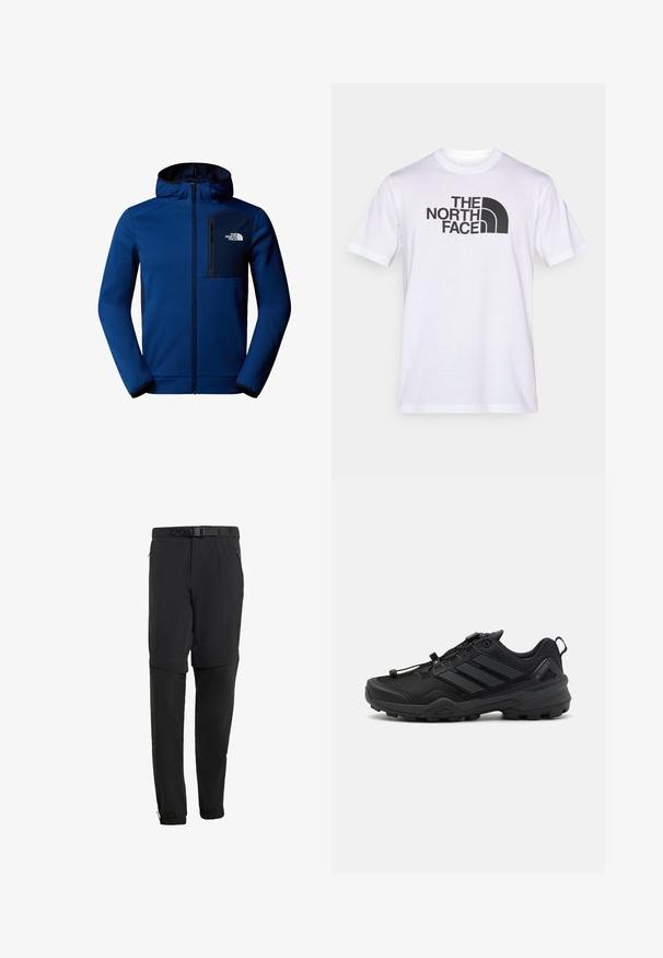 Donkerblauwe hoodie met ritssluiting aan de voorkant, elastische manchetten en een borstzak. Heeft een gladde stof en contrasterende zwarte accenten.; Wit katoenen T-shirt met een zwart logo van "THE NORTH FACE" en een gebogen designelement. Korte mouwen en een ronde hals.; Zwarte outdoorbroek met een gestructureerde stof, voorzien van een verstelbare riem, ritszakken aan de zijkant en elastische boorden bij de enkels.; Zwarte sportschoen met een gemêleerde mesh bovenkant, contrasterende synthetische accenten en een robuuste rubberen zool. Voorzien van een veilig vetersysteem en een achterste tab.