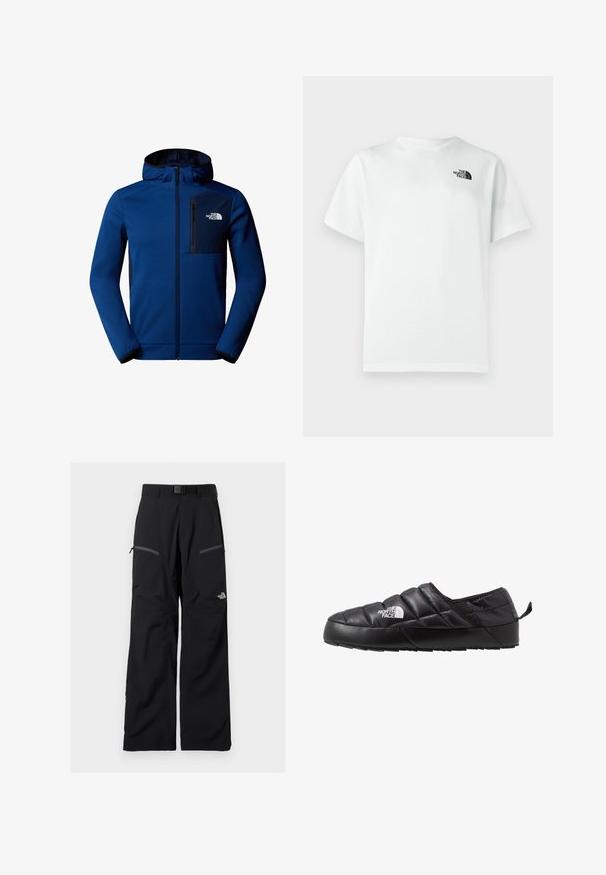 Chaqueta con capucha de color azul oscuro, con cierre de cremallera en la parte delantera, puños elásticos y un bolsillo en el pecho. Presenta una tela suave y acentos en negro que contrastan.; Camiseta blanca de algodón con mangas cortas y cuello redondo, con un pequeño logotipo negro en la parte izquierda del pecho. Textura suave.; Pantalones exteriores negros con cinturón ajustable, dos bolsillos en los muslos con cremallera y el logotipo de The North Face en la pierna derecha.; Zapato negro de tipo slip-on con un diseño acolchado, hecho de material acolchado. Presenta una suela de goma texturizada y una pequeña lengüeta en la parte trasera.