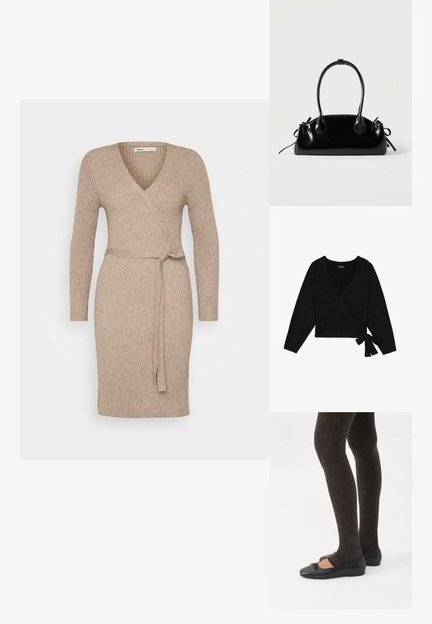 Un pull enveloppant noir en matériau doux. Il présente un décolleté en V profond, des manches longues et un détail de lien sur le côté pour un ajustement réglable.; Robe portefeuille en maille côtelée beige avec des manches longues, décolleté en V et taille nouée. Texture lisse, design ajusté, ourlet mi-long.; Jambes portant des leggings côtelés foncés associés à des ballerines noires avec de petits détails en nœud sur fond blanc.; Petit sac à main noir brillant avec deux longues anses et des détails à cordon sur les côtés sur un fond clair uni.