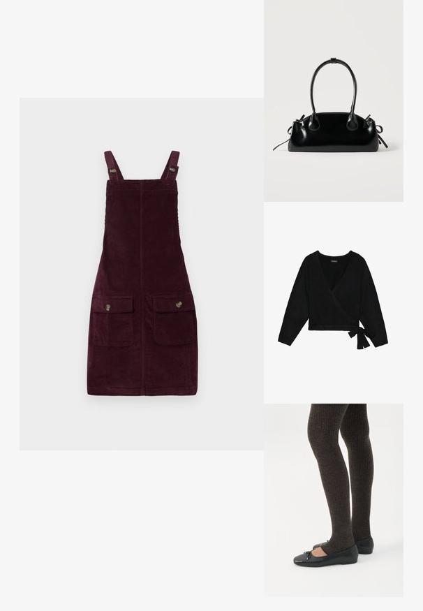 Sort indpakket sweater lavet af blødt materiale. Har en dyb V-hals, lange ærmer og en sidesløjfe, der giver mulighed for justerbar pasform.; Fløjlskjole i dyb burgunder, med justerbare stropper, forlommer med metalbeslag og en tætsiddende pasform. Tekstureret stof.; Ben iført mørke ribbede leggings kombineret med sorte balletsko med små sløjfedetaljer på hvid baggrund.; Lille sort blank håndtaske med to lange håndtag og snøre-detaljer i siden på en ensfarvet lys baggrund.