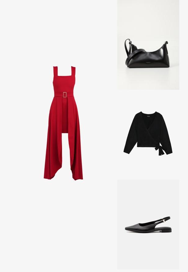 Sort indpakket sweater lavet af blødt materiale. Har en dyb V-hals, lange ærmer og en sidesløjfe, der giver mulighed for justerbar pasform.; Rød kjole med firkantet udskæring, tætsiddende overdel, bredt bælte med rectangular spænde og en flydende, plisseret nederdel der hænger.; Sort læder slingback-flad sko med spids tå og justerbar rem med spænde på en lav hæl mod en hvid baggrund.; Sort læderhåndtaske med en glat tekstur. Har en justerbar stropp og et enkelt, minimalistisk design med lynlås.