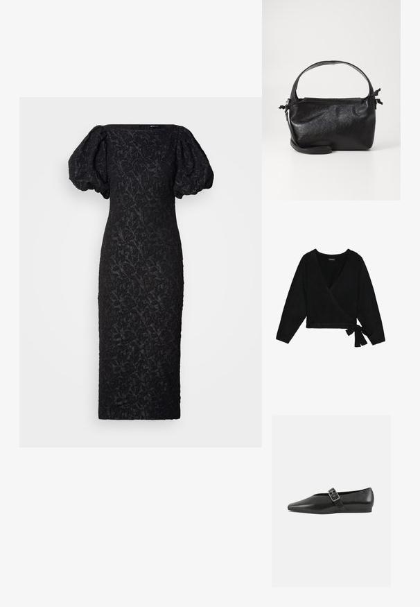 Sort indpakket sweater lavet af blødt materiale. Har en dyb V-hals, lange ærmer og en sidesløjfe, der giver mulighed for justerbar pasform.; Sort kjole med pufærmer, der har et tekstureret blomstermønster. Designet er tætsiddende, med en lige silhuet og firkantet udskæring.; Sorte læder flade sko med spidse tæer, prydet med en metallisk spænde over vristen og en lav, fleksibel sål.; Sort læderhåndtaske med et struktureret design, rund tophåndtag og aftagelig skulderrem. Den har en glat tekstur og en subtil glans.