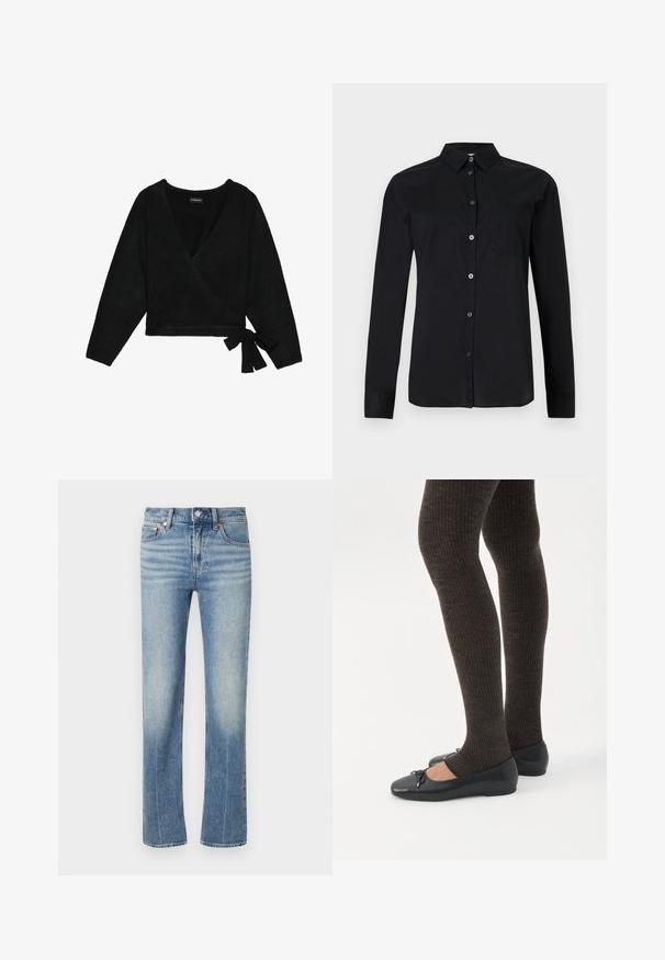 Sort indpakket sweater lavet af blødt materiale. Har en dyb V-hals, lange ærmer og en sidesløjfe, der giver mulighed for justerbar pasform.; Sort langærmet skjorte med knapper, krave og brystlomme, vist mod en ensartet lys baggrund.; Blå straight-leg denimjeans med frontlommer, knaplukning og subtile falmninger på lår og knæ.; Ben iført mørke ribbede leggings kombineret med sorte balletsko med små sløjfedetaljer på hvid baggrund.