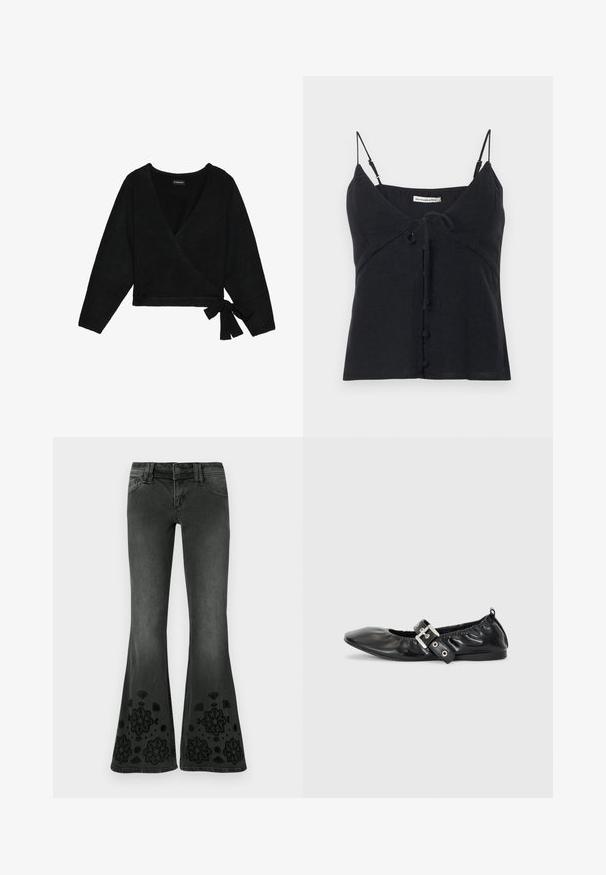 Sort indpakket sweater lavet af blødt materiale. Har en dyb V-hals, lange ærmer og en sidesløjfe, der giver mulighed for justerbar pasform.; Sort ærmeløs tanktop med tynde justerbare stropper, bindebånd foran og dækkede knappedetaljer fra Abercrombie & Fitch.; Sorta jeans med vidde og en falmet finish; har broderede blomsterpatroner i sort ved kanten; denim materiale med en glat tekstur.; Sorte læder flade sko med spids tå, samling detaljer omkring åbningen, og en sølv spænde accent på den justerbare rem.