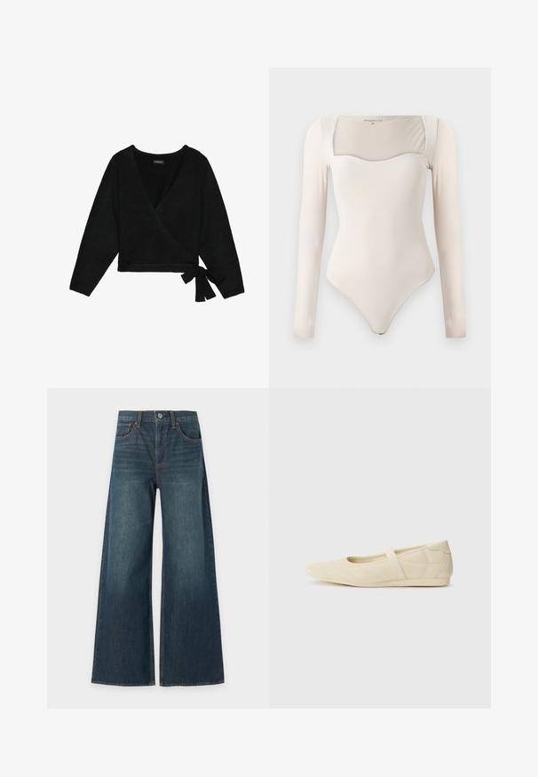Sort indpakket sweater lavet af blødt materiale. Har en dyb V-hals, lange ærmer og en sidesløjfe, der giver mulighed for justerbar pasform.; Langærmet beige bodysuit med firkantet udskæring og tætsiddende silhuet, præsenteret mod en ensfarvet baggrund.; Blå bredbenede denimjeans med fem lommer, knaplukning og synlige brune syninger, vist fladt på en hvid baggrund.; Lysebrune ballet flats med en glat læderoverflade, mandelformet tå og elastisk rem over vristen, med diskrete syninger.