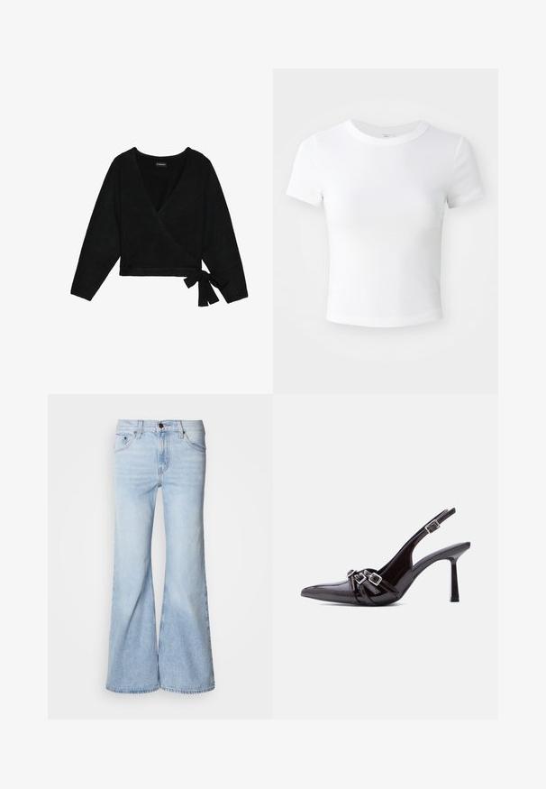 Un pull enveloppant noir en matériau doux. Il présente un décolleté en V profond, des manches longues et un détail de lien sur le côté pour un ajustement réglable.; T-shirt courte à manches courtes, blanche, avec un col rond, présentée sur un fond neutre et lumineux.; Jean évasé bleu clair, avec une taille haute, en tissu denim, cinq poches et une fermeture par bouton. Les jambes sont larges et présentent une légère décoloration.; Chaussure à talon haut slingback en cuir verni noir, bout pointu, avec trois brides décoratives bouclées sur le dessus.