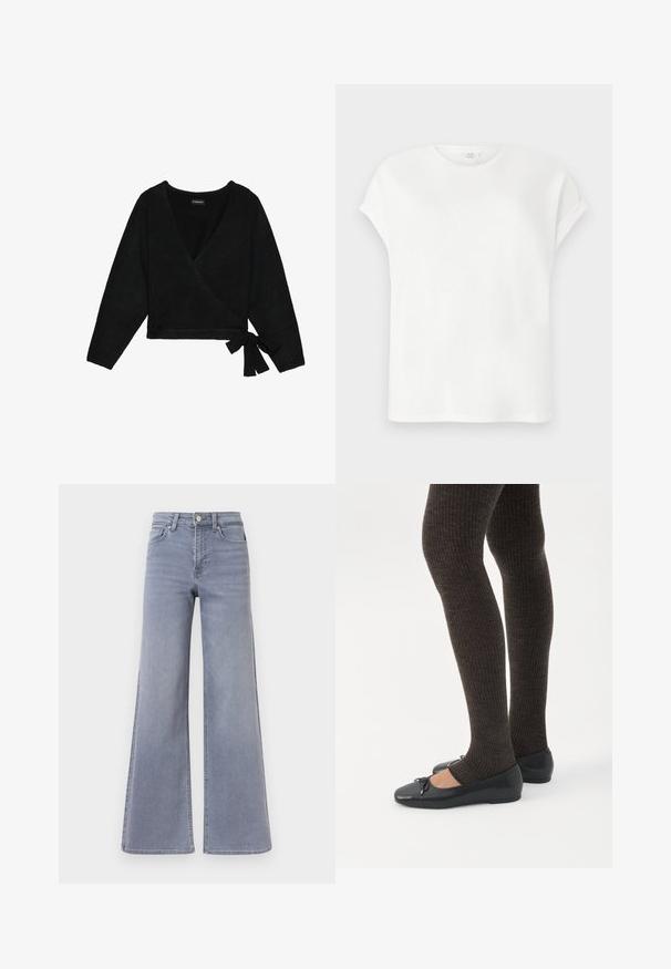 Sort indpakket sweater lavet af blødt materiale. Har en dyb V-hals, lange ærmer og en sidesløjfe, der giver mulighed for justerbar pasform.; Hvid t-shirt med korte ærmer med optrukne ærmer og rund halsudskæring, vist fladt på en lys grå baggrund.; Lys blå cowboybukser med vide ben og høj talje, lukkes foran med knap og lynlås, med lommer foran og bagpå, vist på en hvid baggrund.; Ben iført mørke ribbede leggings kombineret med sorte balletsko med små sløjfedetaljer på hvid baggrund.